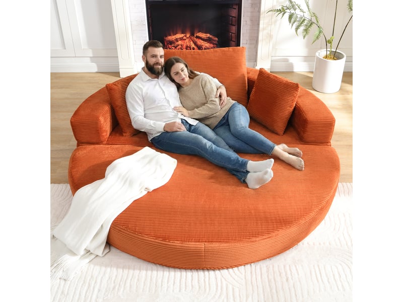 Canapé convertible deux en un pliable avec trois coussins, couchage ovale et bord protecteur en tissu côtelé orange - Conforama B