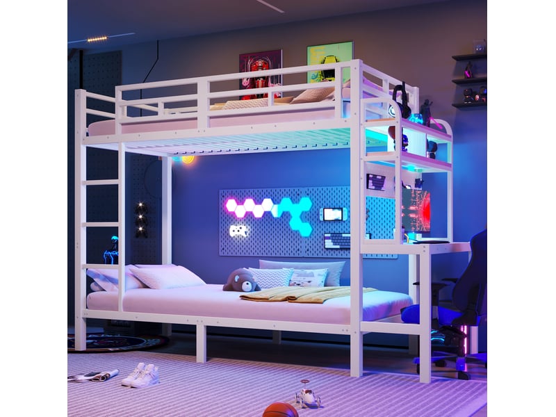  Lit superposé enfant 90x200 cm avec bureau, led et usb blanc  - Conforama D