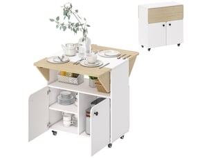 Table à manger pliante sur roulettes, table de cuisine 4 personnes, 2 abattants, étagère, placard, 70x83x75cm, blanc