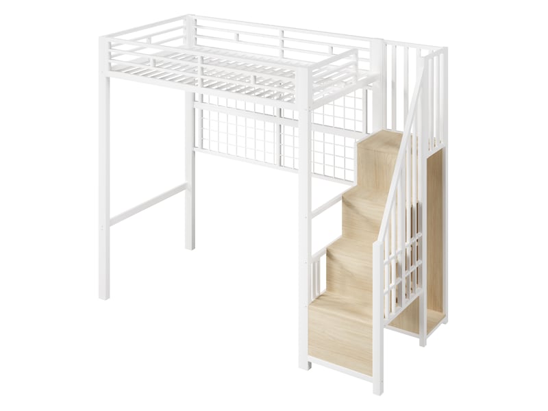  Lit mezzanine blanc 90 × 200 cm en métal, armoire, led 7 couleurs et échelle rangement  - Conforama D
