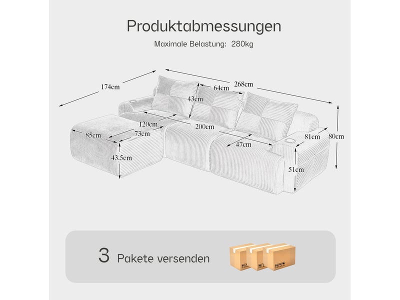  Canapé modulable 3 places en velours côtelé noir avec pouf, porte-gobelet et poche latérale  - Conforama E