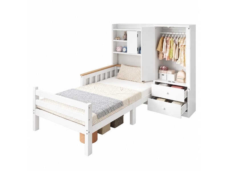 Lit enfant 90x200 cm en bois avec armoire intégrée, rangement, tiroirs et étagères ouvertes, lit multifonction gain de place pour chambre enfant-blanc - Conforama A