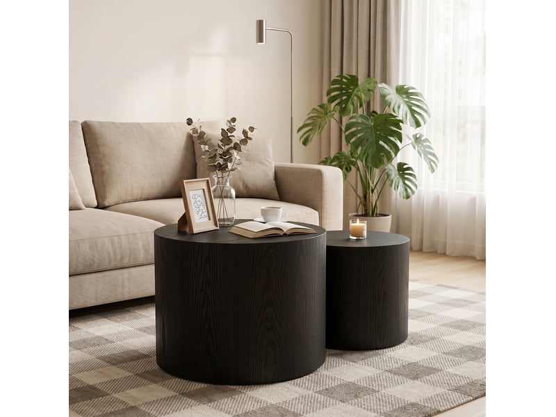 Tables basses gigognes rondes 2 pièces avec pieds antidérapants style moderne en mdf noir pour salon et chambre - Conforama E