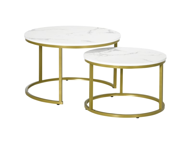  Tables gigognes rondes avec 2 pièces, plateau effet marbre et structure métallique dorée, pour salon, blanc  - Conforama A
