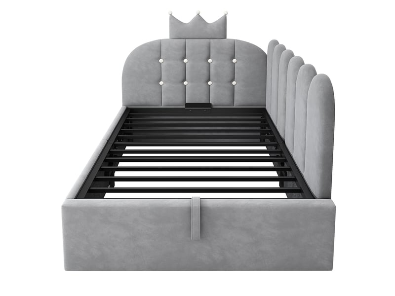  Lit simple rembourré 90 x 190 cm, canapé-lit avec hydraulique rangement, lit enfant avec couronne, sommier à lattes, velours gris  - Conforama E