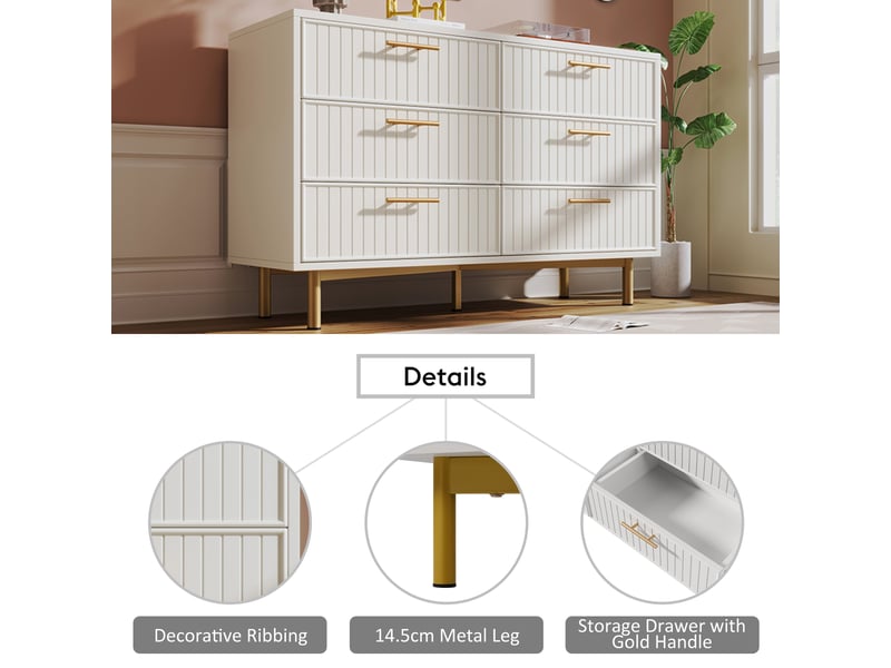  Commode avec 6 tiroirs pour chambre en panneaux de particules 120×40×75 cm blanc  - Conforama C
