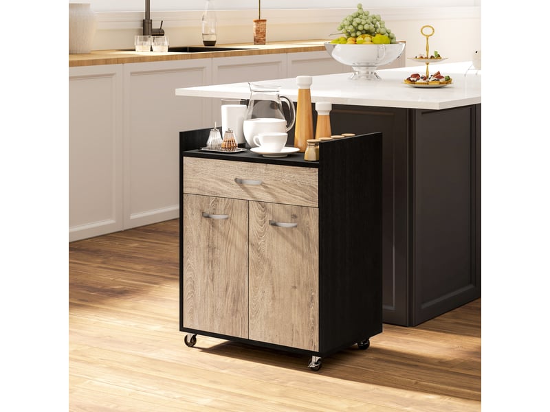 Chariot de service desserte de cuisine à roulettes tiroir placard 2 portes étagère en bois gris effet bois, noir - Conforama A