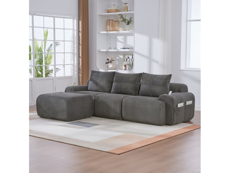 Canapé modulable 3 places avec poufs en velours côtelé gris foncé - Conforama D
