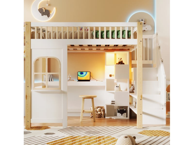  Lit mezzanine enfant 140 x 200 cm avec bureau, rangements, led et prise blanc et naturel  - Conforama C