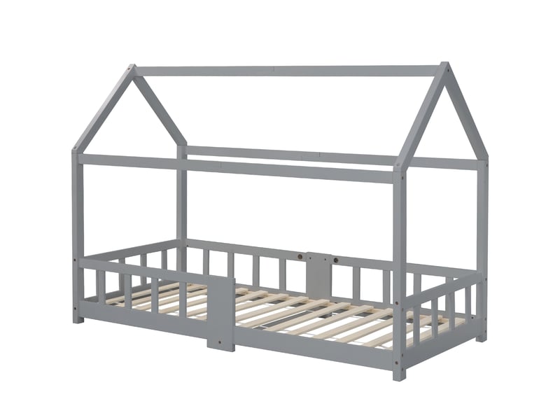  Lit cabane enfant 90 x 200 cm en pin massif avec tableau, barrières et sommier 15 lattes, gris WF197916AAG - Conforama A
