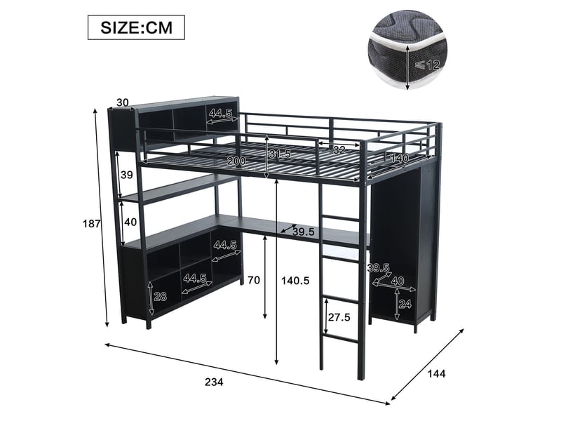 Lit mezzanine 140x200, avec penderie, lit mezzanine enfant ,lit supérieur avec rangement, fer à repasser + panneaux de particules  - Conforama C
