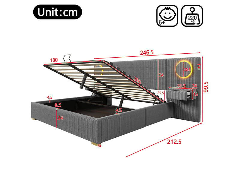  Lit double 180 × 200 cm avec coffre hydraulique, led et prises usb, en velours gris pour chambre 212,5 × 246,5 × 99,5 cm  - Conforama C