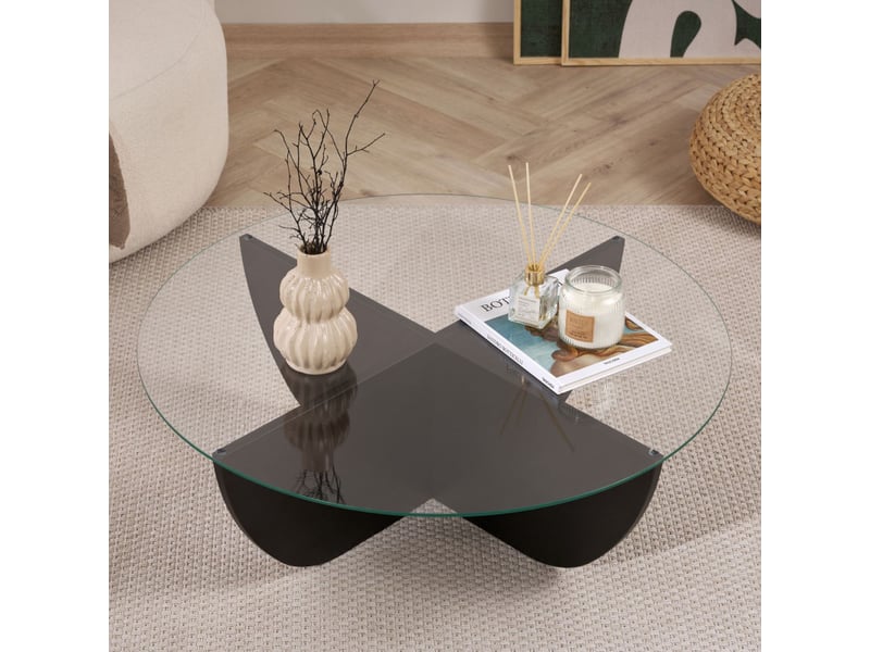  Table basse de salon en verre trempé et bois mdf mélaminé bois noir 90 x 90 x 30 cm  - Conforama E