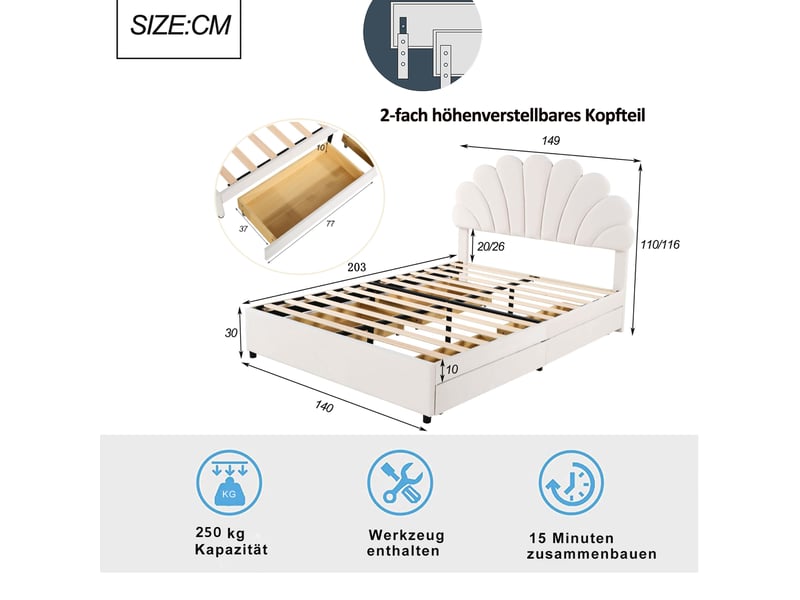  Lit enfant 140x200 cm, tiroirs, espace de rangement, tête de lit réglable, sommier, velours beige, sans matelas  - Conforama C