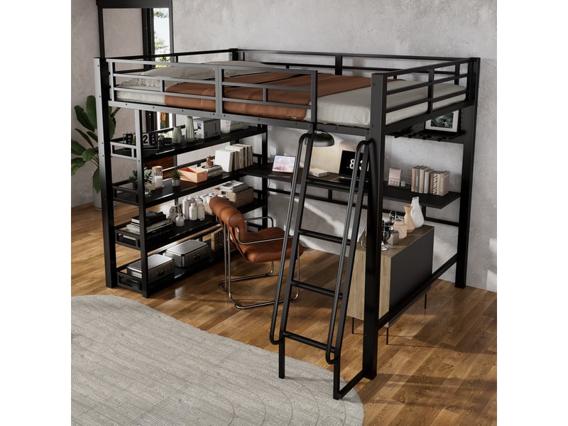  Lit mezzanine 2 places 140 x 200 cm avec étagères, grand rangement, port de charge, échelle inclinée 4 marches, barre de suspension, métal noir  - Conforama D