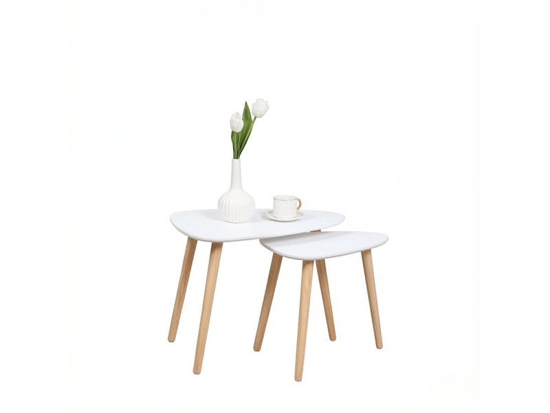  Lot de 2 tables basses gigognes scandinaves avec plateaux triangulaires arrondis, blanc et bois  - Conforama A