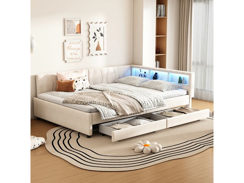  Lit simple 140x200 cm, lin beige, tiroirs, led, usb-c, étagères — sans matelas  - Conforama B