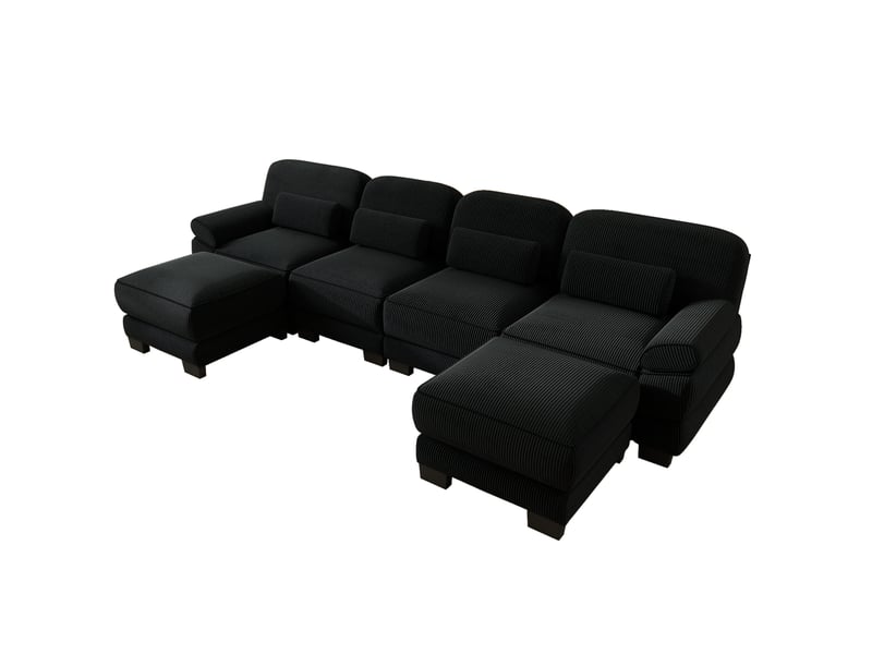 Canapé modulable 4 places modenvie en u avec 2 poufs en velours côtelé noir, assise profonde, 336 x 161 x 94 cm - Conforama A