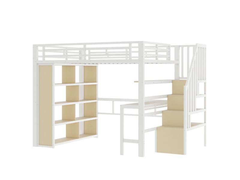  Lit mezzanine 140x200 - cadre acier blanc - bureau intégré, rangement, barre led, escalier de rangement - sans matelas  - Conforama A
