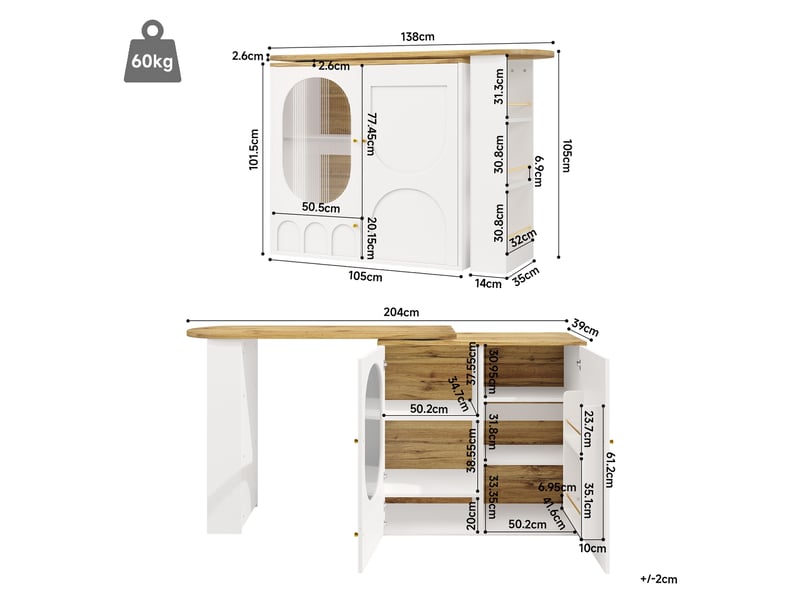  Table bar extensible blanc,avec 2 tabourets de bar,1 tiroirs et 2 portes,rotation 360°,mdf et métal,138-204×39×105cm  - Conforama E