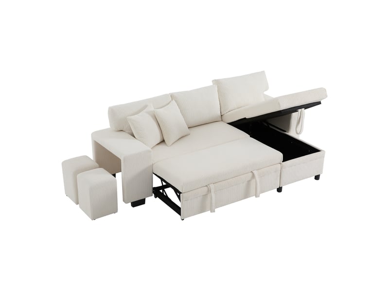  Canapé d'angle convertible 3 places 231 x 131,5 x 84 cm avec rangement ports usb-c étagère et coussins, velours côtelé beige Sol Morn - Conforama A