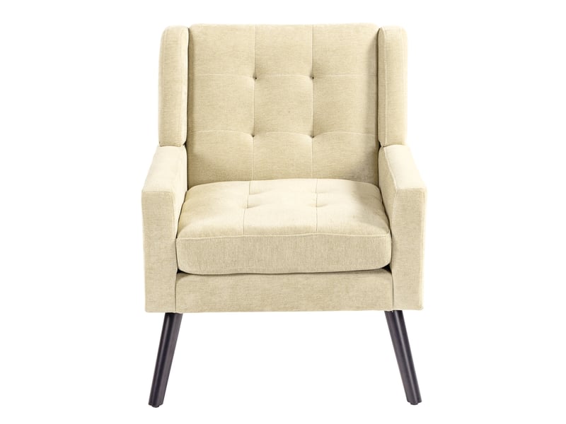  Fauteuil rembourré beige avec capitonnage et pieds en bois  - Conforama A