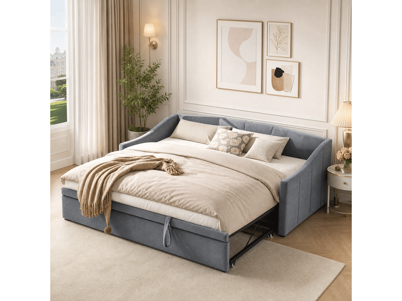  Canapé-lit 90/180 x 200 cm, lit de jour convertible pour 2 adultes, lit rembourré avec lit d'appoint coulissant et sommier à lattes, convertible en lit d'appoint, velours, gris, sans matelas  - Conforama B