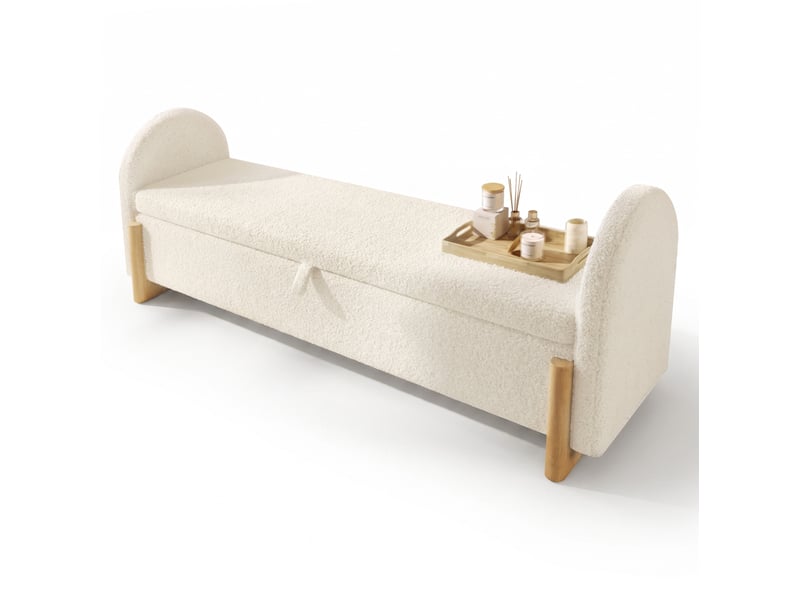  Banc de rangement 146 cm blanc en chenille bouclée, ouverture hydraulique, 150 kg  - Conforama A