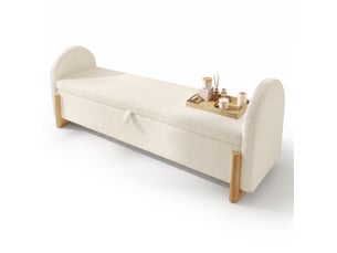 Banc de rangement 146 cm blanc en chenille bouclée, ouverture hydraulique, 150 kg
