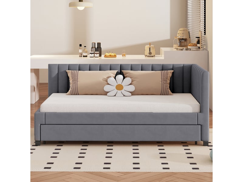 Lit banquette simple en velours gris avec couchage gigogne, sommier à lattes, 90×200 cm, sans matelas - Conforama B
