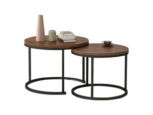 Tables basses gigognes rondes avec 2 plateaux, structure métallique, effet marbre, pour salon, finition chêne