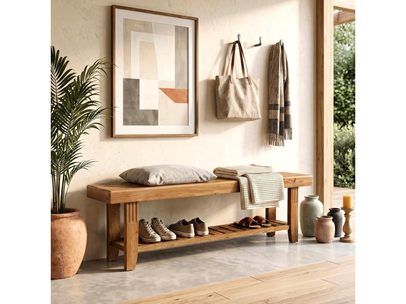  Étagère à chaussures avec banc, 160 cm, long banc à chaussures à double niveau, banc robuste pour couloir, banc à chaussures rustique en bois pour entrée, chambre à coucher, salon, pied du  - Conforama E