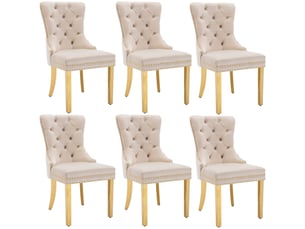 Lot de 6 chaises de salle à manger en velours beige, pieds en acier inoxydable doré, finition avec clous décoratifs et anneau au dos