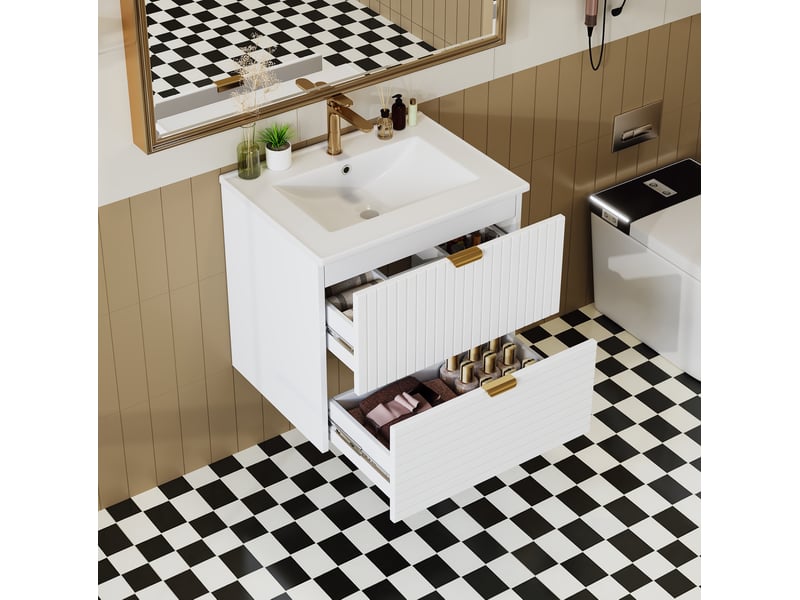  Meuble sous vasque suspendu avec lavabo intégré et 2 tiroirs silencieux, finition laquée blanche 61 × 46 × 57 cm  - Conforama E