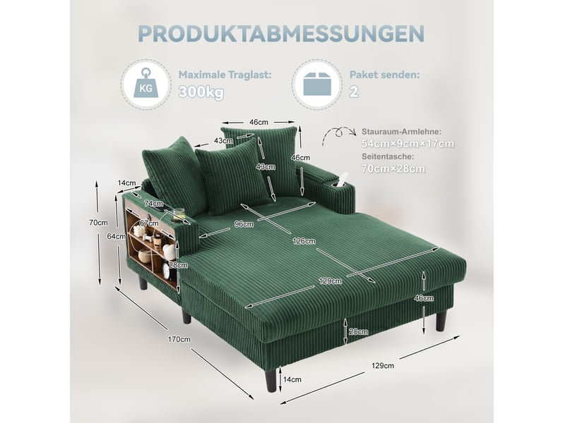  Chaiselongue fixe 1 place en velours côtelé vert émeraude avec led, usb, rangement et 2 porte-gobelets  - Conforama C