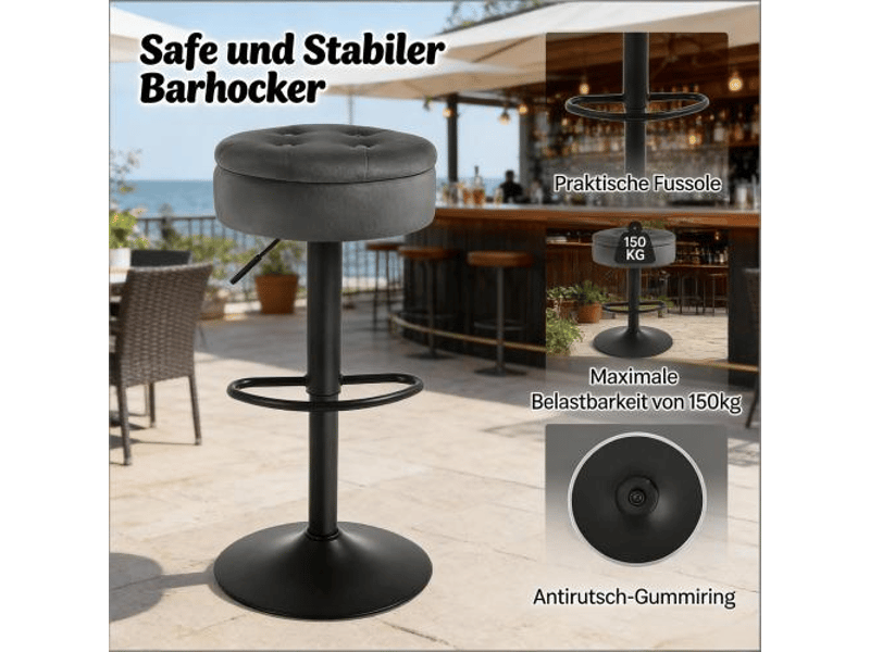  Tabouret de bar réglable,39x39x79,5 cm,avec rangement,velours,gris foncé  - Conforama E