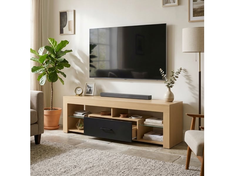  Meuble tv 140 x 40 cm pour téléviseur jusqu'à 65 pouces, chêne et noir, étagères réglables  - Conforama C