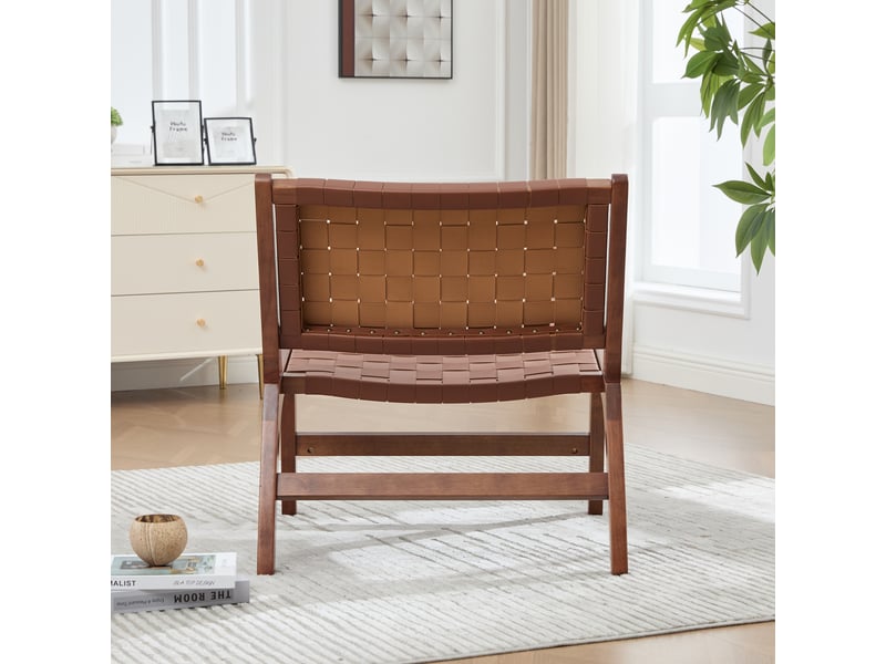  Chaise d appoint damier tissée pu cadre en bois intérieur extérieur 71x66x72 cm marron evarich - Conforama D
