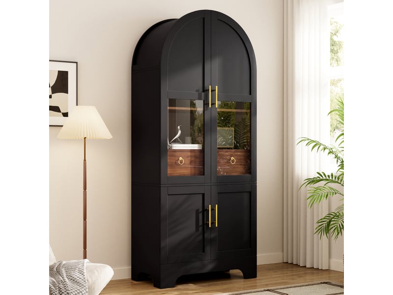  Vitrine haute 76x40x180 cm, éclairage led, portes vitrées, tiroir, design arqué, finition brillante pour salon et séjour - noir  - Conforama B