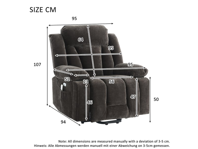  Fauteuil massant électrique releveur avec chauffage, usb et poches latérales en tissu marron 95 × 94 × 107 cm  - Conforama E