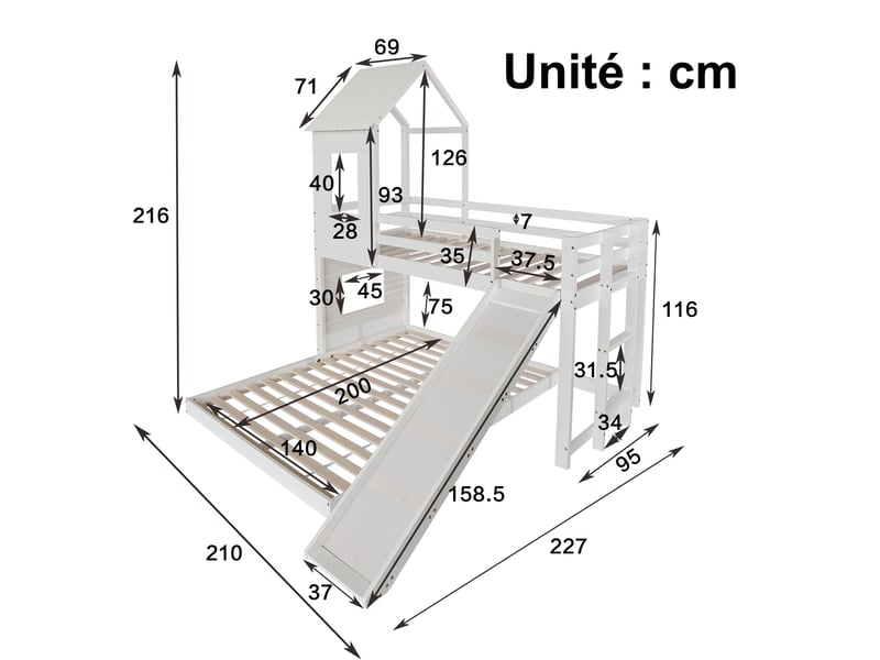  Lit superposé 90x200 cm - lit enfant avec toboggan, fenêtre et toit, échelle à trois marches - pin + mdf - sans matelas - blanc  - Conforama C
