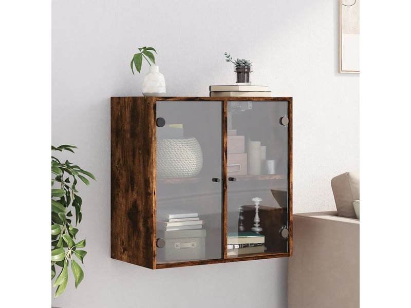 Armoire murale salon, meuble de rangement avec portes en verre chêne fumé 68x37x68,5 cm  - Conforama C