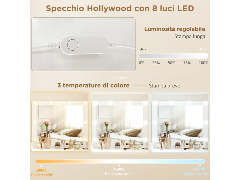  Coiffeuse style hollywood avec miroir, 8 lumières led, 7 tiroirs et tabouret rembourré, blanche  - Conforama D