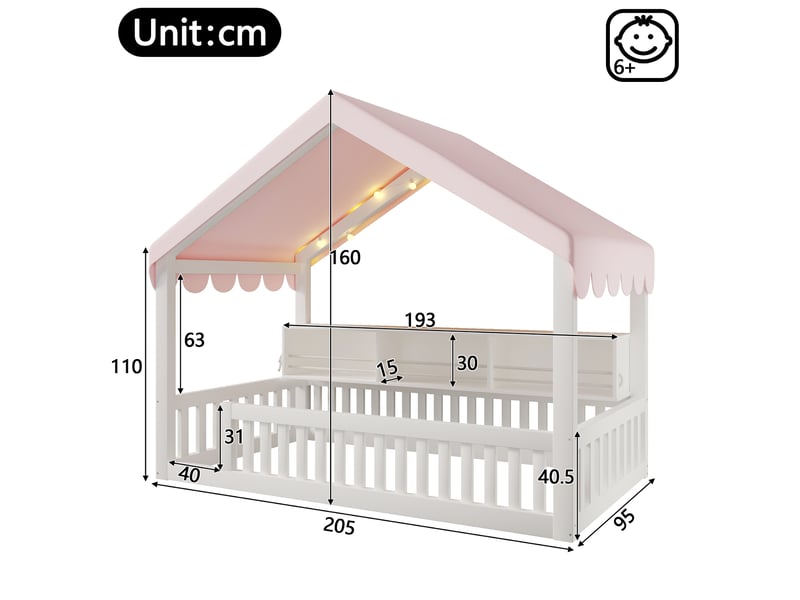  Lit cabane enfant tcqpz 90 x 200 cm avec baldaquin guirlande led bibliothèque et barrières blanc  - Conforama C