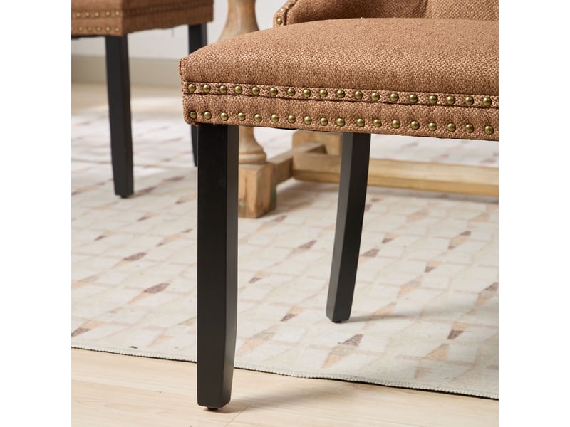  Lot de 2 chaises contemporaines en lin café, dossier capitonné, bois massif, clous décoratifs  - Conforama E