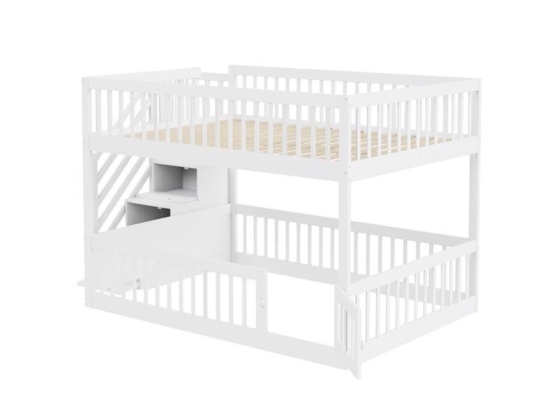  Lit superposé 200×140 cm avec escalier à tiroirs, barrières de protection et porte ouvrante, sans matelas, blanc  - Conforama E