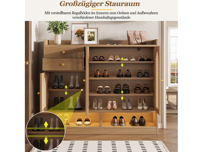  Meuble à chaussures 3 portes, 2 tiroirs et led, 120 cm en mdf et panneau de particules pour l'entrée  - Conforama D