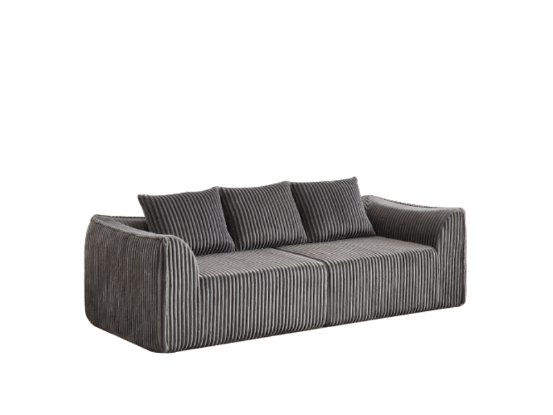  Canapé 235 cm velours côtelé gris - design courbé minimaliste, dossier incliné, 2 coussins inclus  - Conforama A