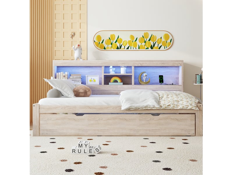  Lit gigogne 90x200 cm naturel avec led, prise usb et rangement  - Conforama E