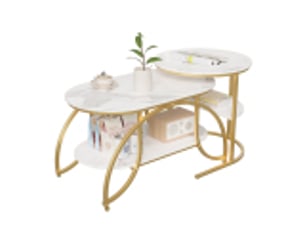 Lot de 2 tables basses 80x46x45 cm, table gigogne design marbre, avec espace de rangement, cadre en métal, pour canapé, salon, chambre (doré + blanc)